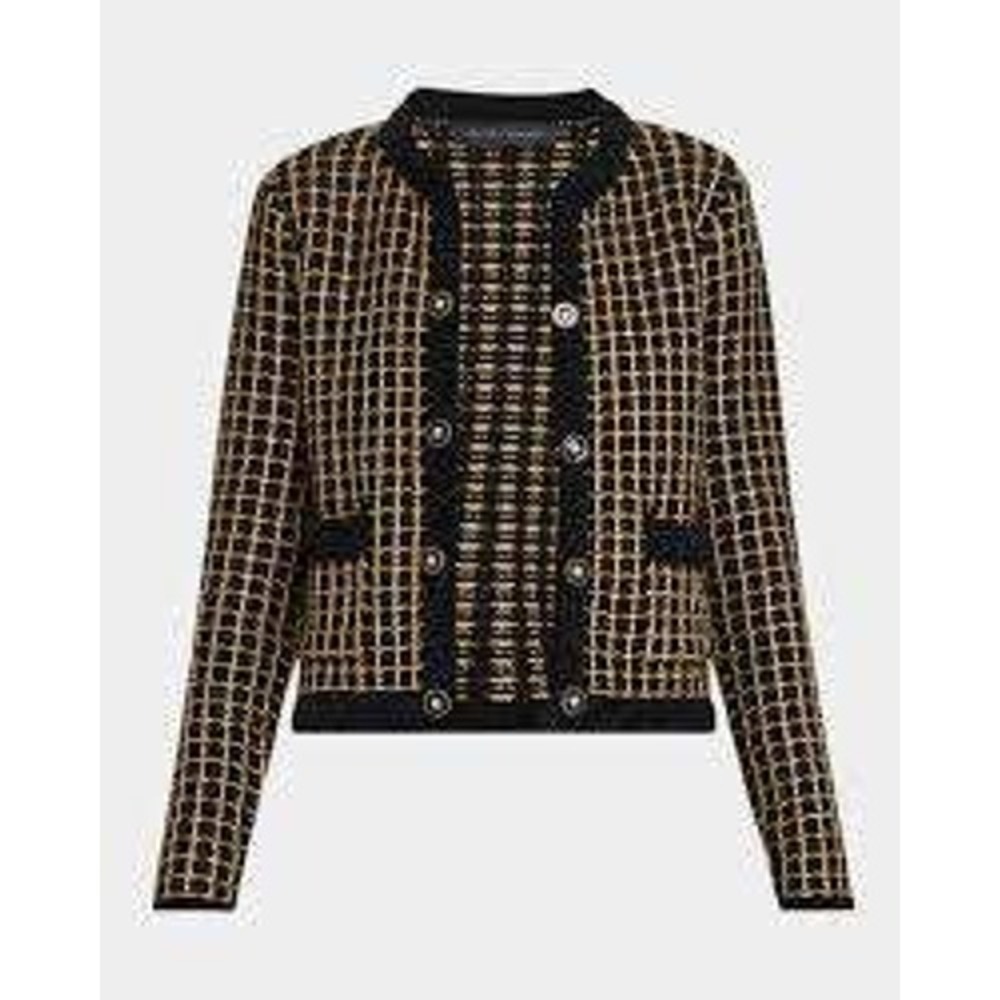 • Elie Tahari The Alexis Check Cardigan Sweater Metallic Gold Tweed Jacket Knit